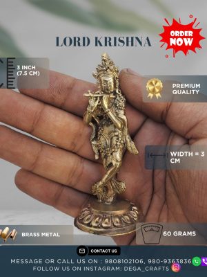 Handcrafted 3" Brass Lord Krishna Statue